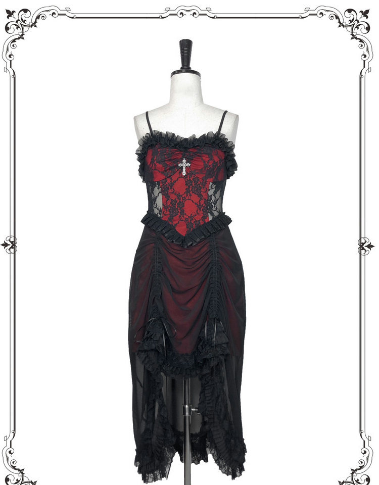 Drawstring Gothic Lace Slip Dress